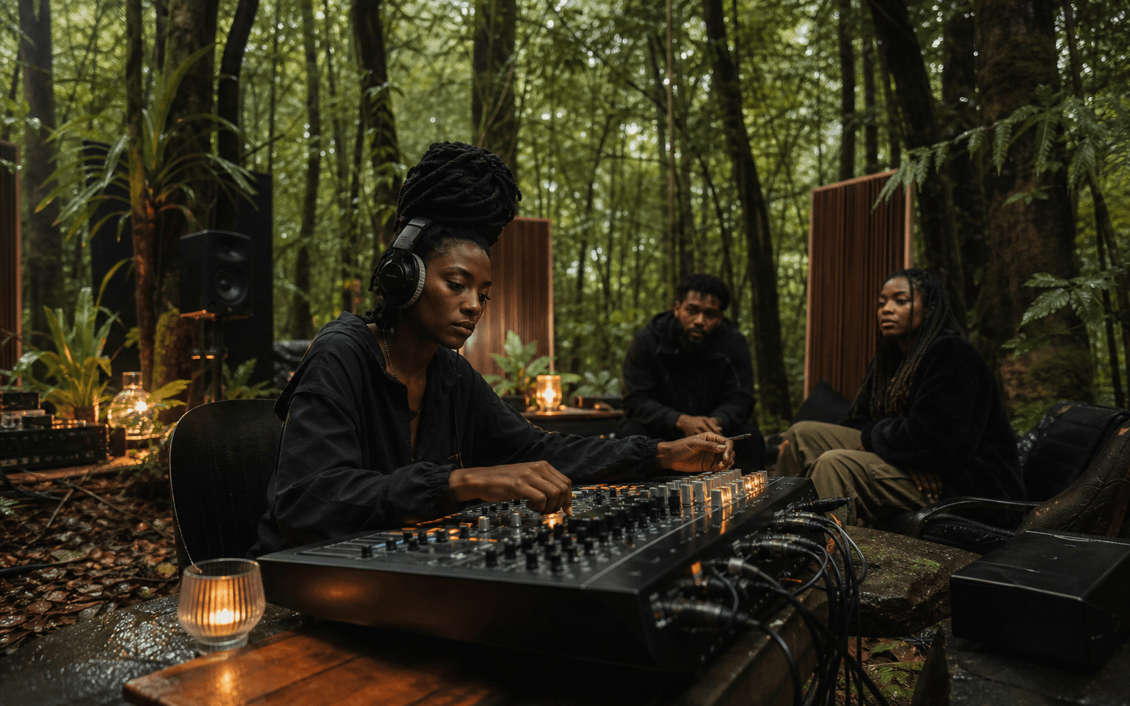 Music producer in a forest listening studio